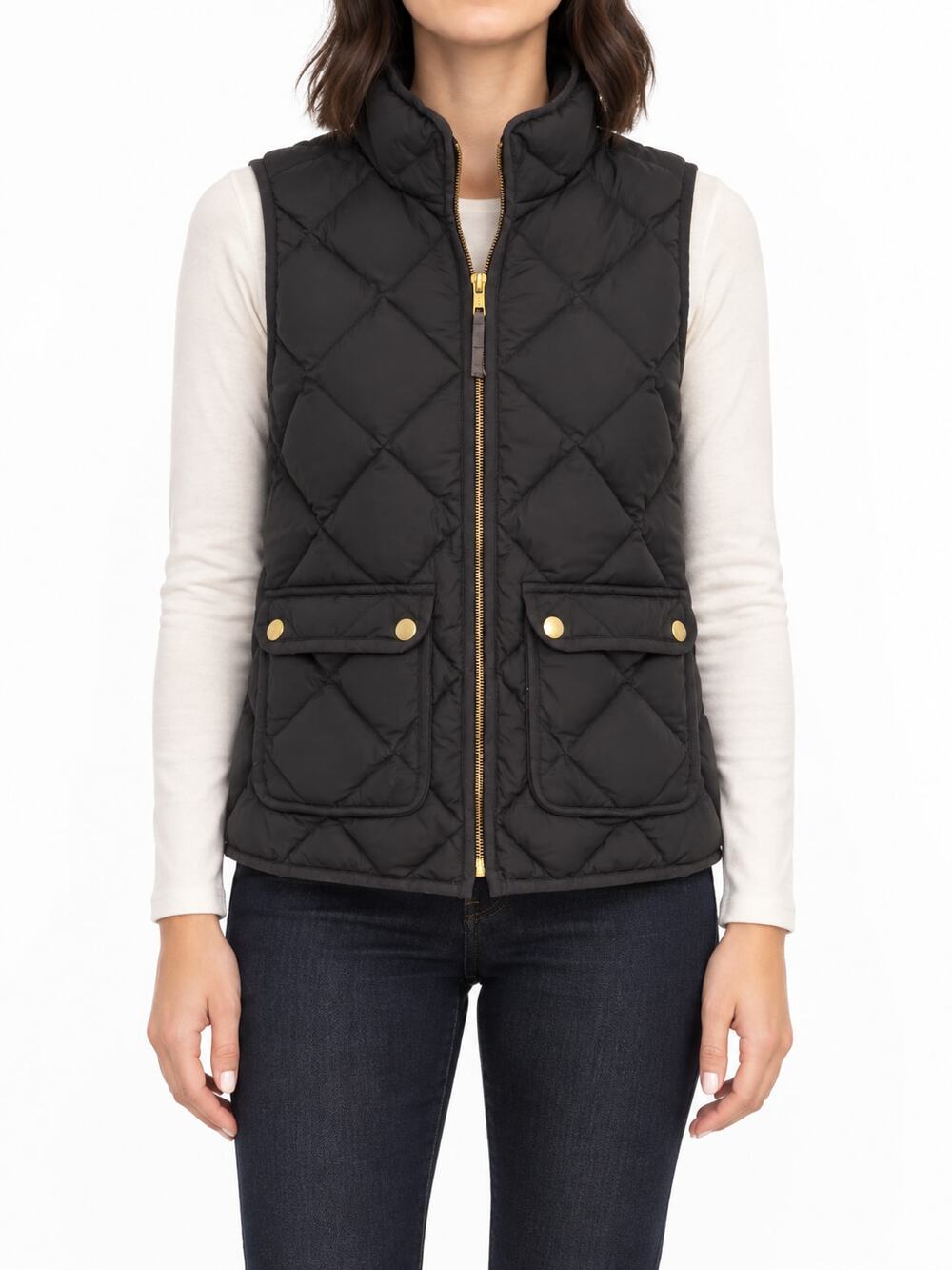 J.Crew Womens Black Diamond Quilted Puffer Vest Petite PXS Gold Zip Snap Pockets